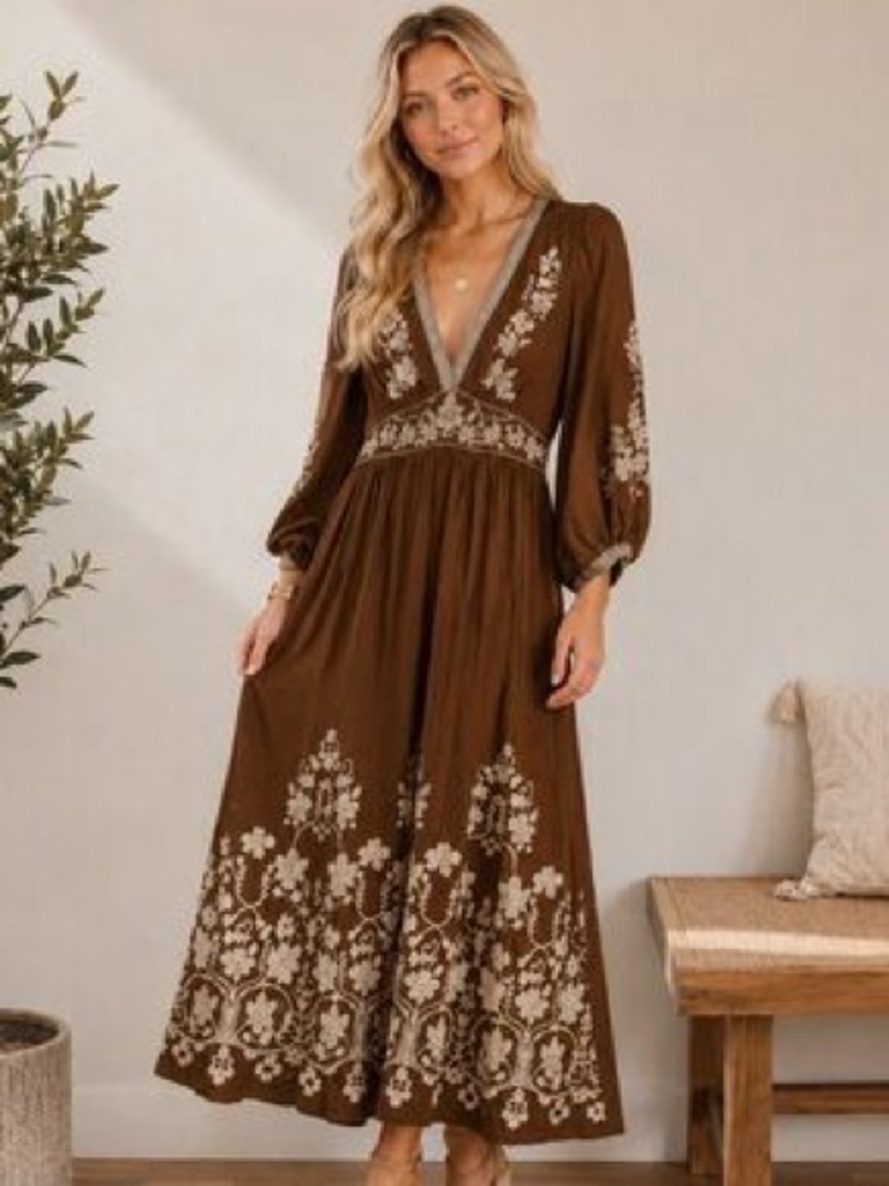Max Studio Brown Maxi Dress with Cream Floral Embroidery